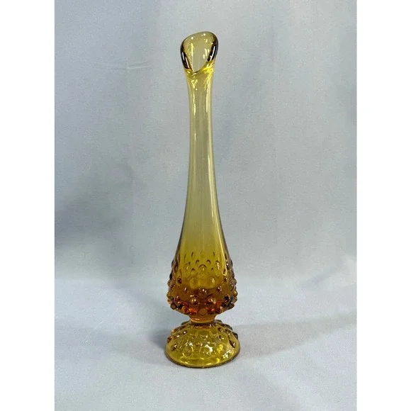 Vintage Pair Fenton Amber Glass Hobnail Swung Vases Footed Marked 10" MCM Retro - Picture 6 of 14